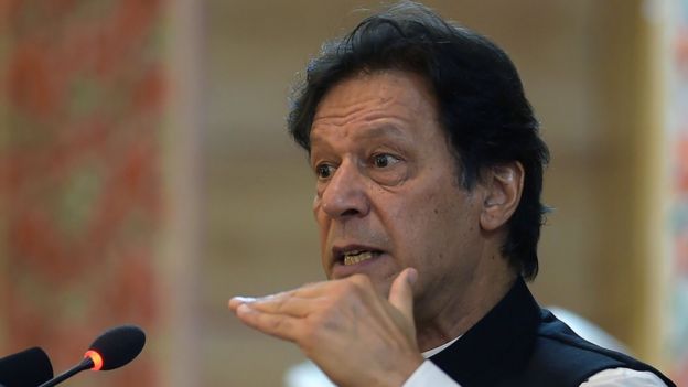 Imran Khan is pictured in close-up mid-speech