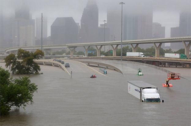 Interstate highway 45 is submerged from the effects of Hurricane Harvey seen during widespread flooding in Houston, Texas, 27 August 2017.