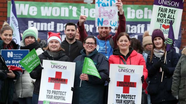 Nurses on picket lines across Northern Ireland earlier this month