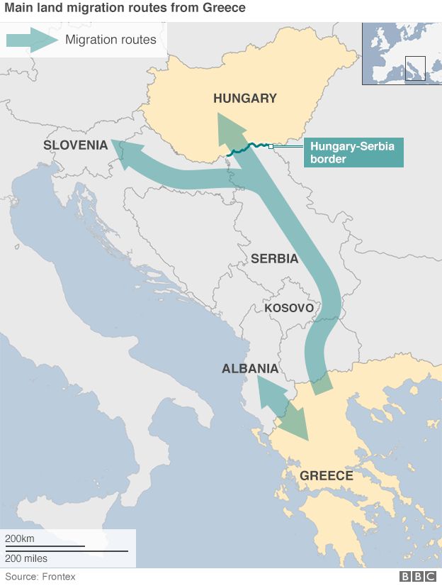 Map showing the main land migration routes from Greece