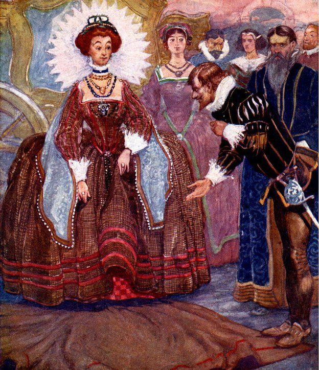 Ilustración del acto de galantería de Walter Raleigh