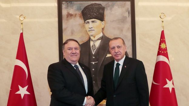 US Secretary of State Mike Pompeo shakes hands with the Turkish President in Ankara