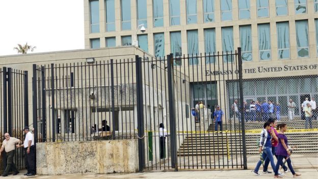 personnel gather at the U.S. Embassy in Cuba on September 29, 2017 in Havana, Cuba.