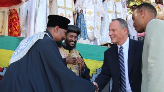 United States Ambassador to Ethiopia Michael Raynor meeting Ethiopian Orthodox Church clergy.