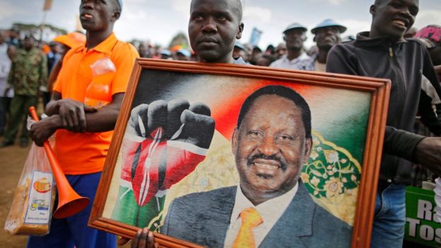 Supporters of the Orange Democratic Movement (ODM) led by Raila Odinga listen as he delivers a speech during a rally held in Nairobi, 7 July 2017.