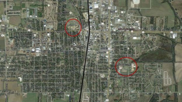Mapa aéreo da cidade de Cleveland, no Estado do Mississipi