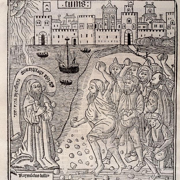 Grabado del martirio de Ramon Llull en Túnez, impreso en Valencia en 1515 por D, de Gumiel, Biblioteca Universitaria de Barcelona, Cataluña.