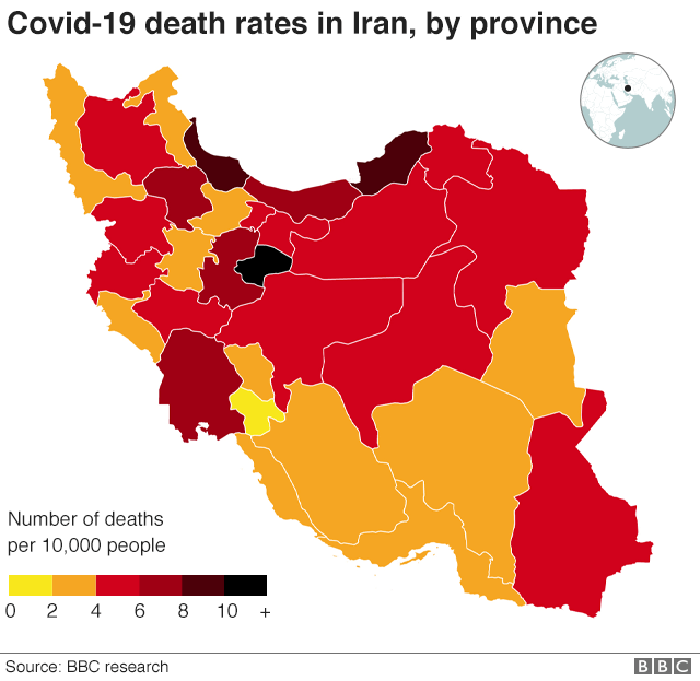 Map showing covid death rates in Iran