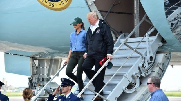 US President Donald Trump and First Lady Melania Trump arrive in Ellington Field in Houston on 2 September 2017