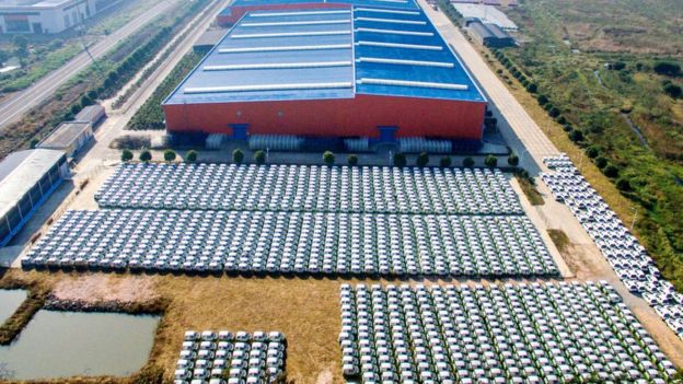 EVs lined up at a factory in Zhejiang Province,China.