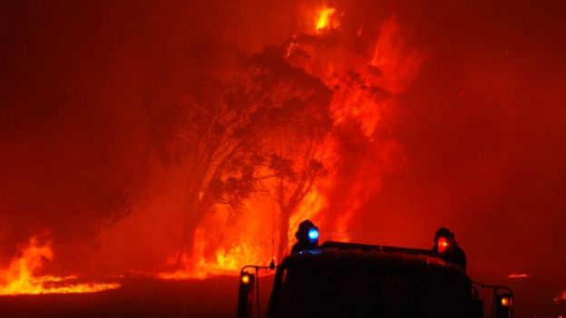 Fire crews battle a blaze in Victoria on 7 February, 2009