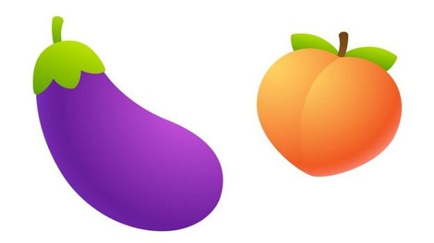 A picture of emojis depicting an aubergine and a peach. "Commonly sexual emojis" can't be used in sexual solicitation conversations on Facebook and Instagram