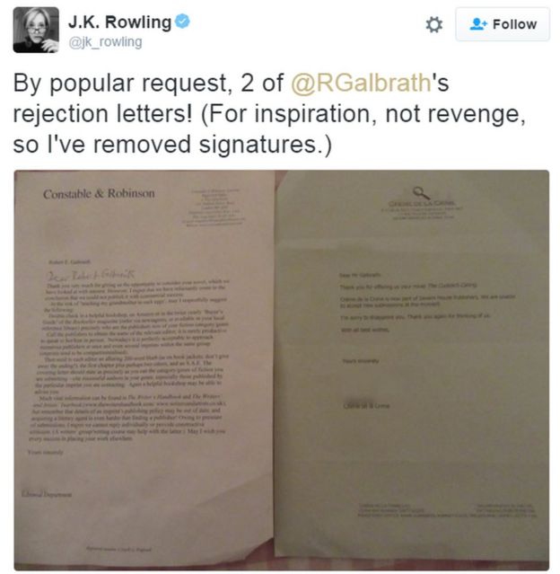 Jk Rowling Shares Robert Galbraith Rejection Letters Bbc News