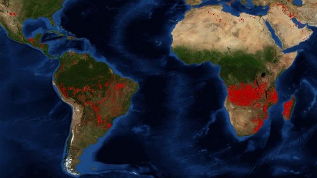 Map of fire South America and South Africa