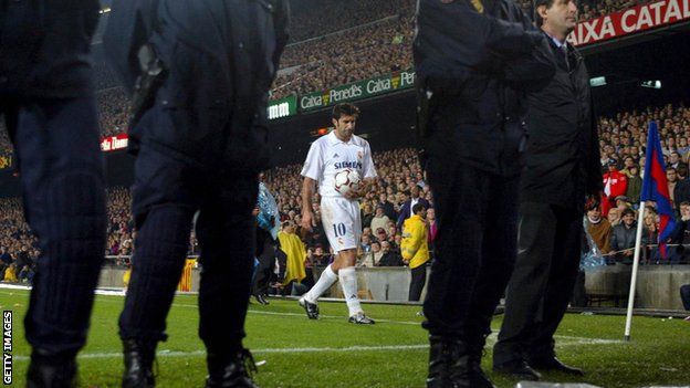 Figo takes a corner at Camp Nou