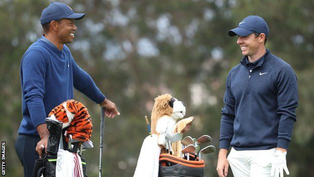 Tiger Woods and Rory McIlroy while playing at the 2020 US PGA Championship