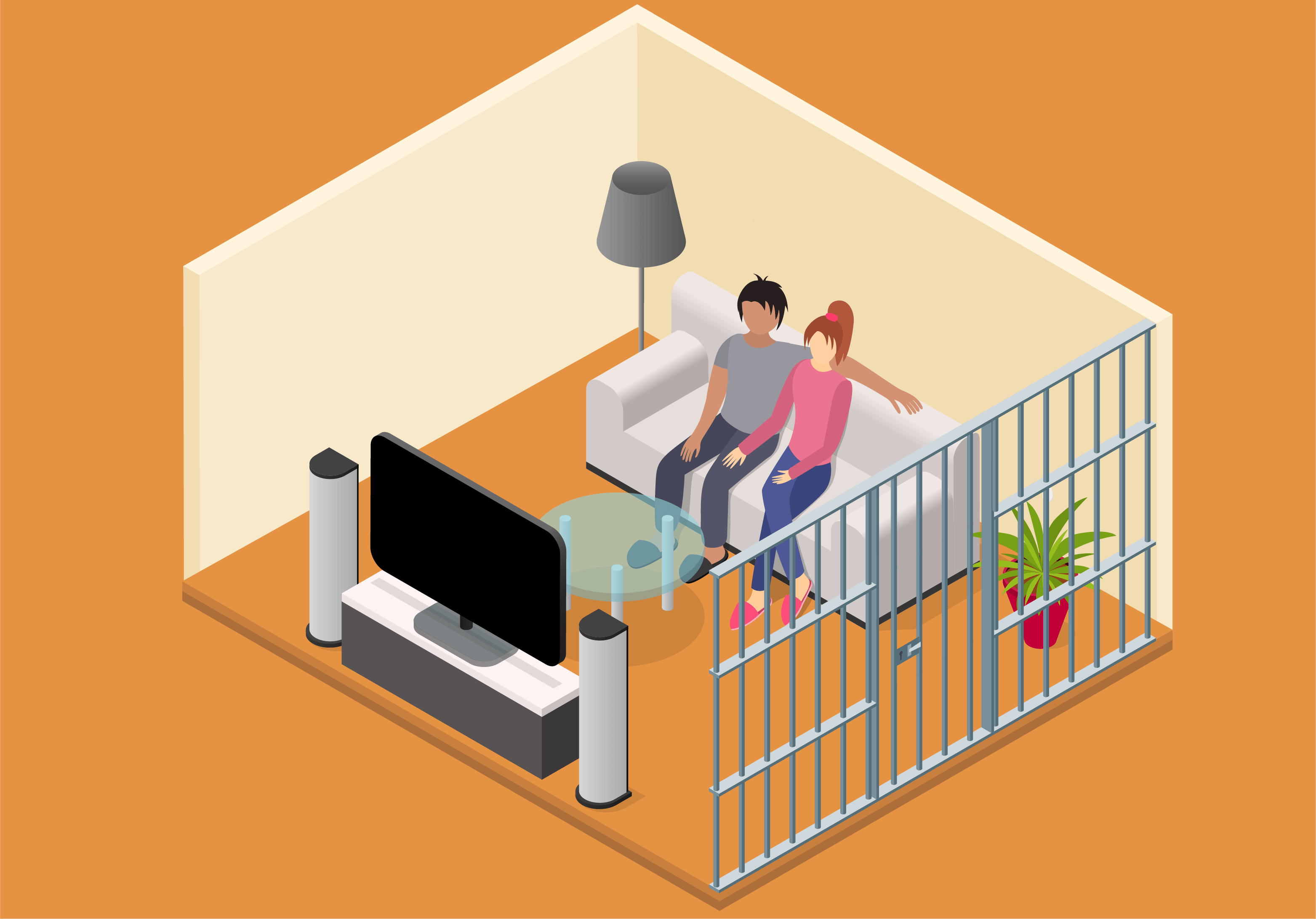 Ilustración isométrica de una pareja mirando TV enjaulados.