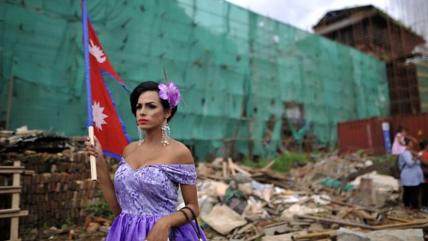 A Member of Nepalese Lesbian, Gay, Bisexual and Transgender (LGBT) pose for the photos in a LGBT pride parade during Gai Jatra Festival celebrated in Kathmandu, Nepal on Monday, August 27, 2018.