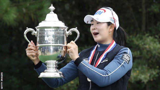 South Korea's A-Lim Kim holds up the trophy after winning the 2020 US Women's Open