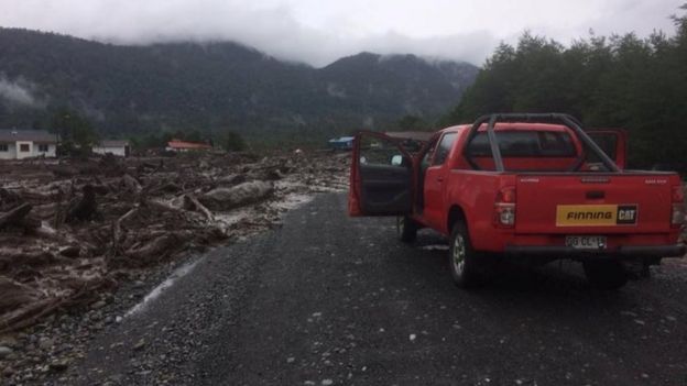Damage done by a landslide is seen in Villa Santa Lucia, Los Lagos, Chile December 16, 2017 in this picture obtained from social media