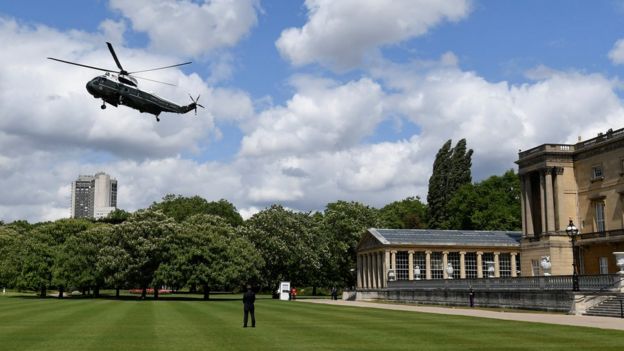 Marine One lands as US President Donald Trump and First Lady Melania Trump arrive at Buckingham Palace in London