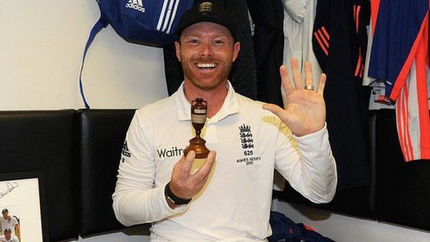 Ian Bell celebrates winning the Ashes in The Oval dressing room