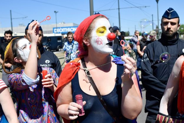 Demonstrators outside Nato headquarters in Brussels, 25 May