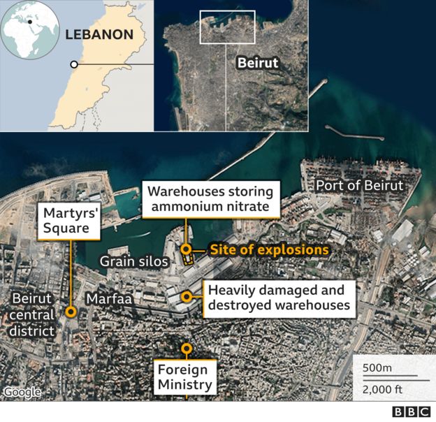 Map showing Beirut - location of 4 August blast, and foreign ministry and Martyrs' Square