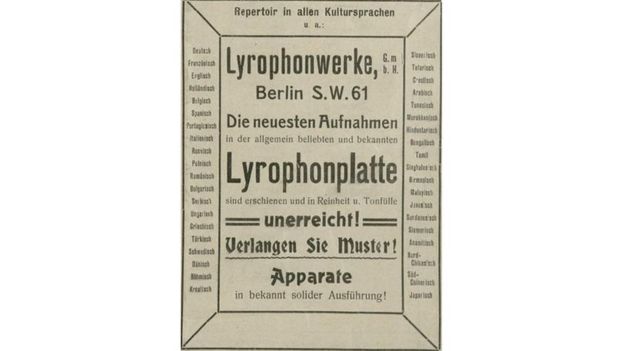 Phonographische Zeitschrift tháng 1 1913. Hãng Lyrophon ở Berlin, Đức quảng cáo "tiết mục tất cả ngôn ngữ dân tộc" (Repertoir in allen Kultursprachen). Trong mục này có danh sách 39 thứ tiếng - ở bên phải có "Anamitisch" là tiếng Việt.