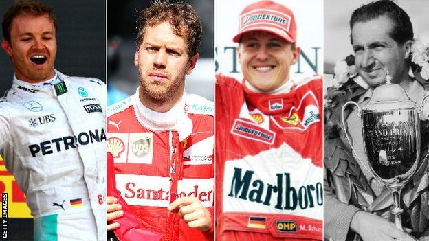 Nico Rosberg, Sebastian Vettel, Michael Schumacher and Alberto Ascari