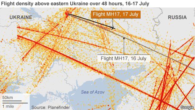 Map showing flight density over eastern Ukraine on 16-17 July
