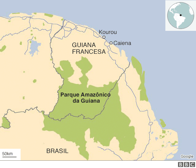 Mapa mostra território da Guiana Francesa com destaque ao Parque Amazônico da Guiana