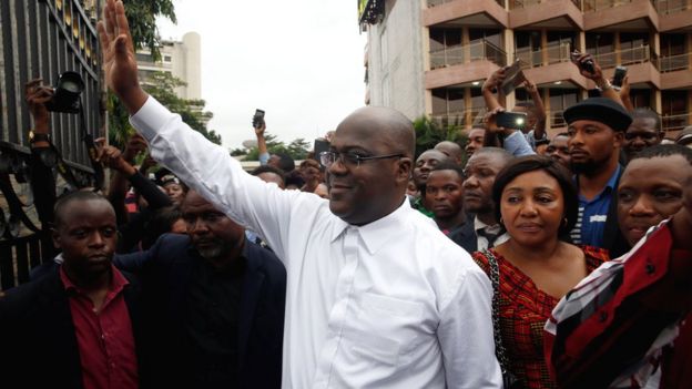 Felix Tshisekedi waving after he was announced as winner of the elections in Kinshasa, DR Congo - 10 January 2019