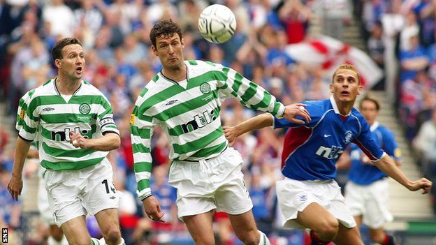 Celtic's Paul Lambert, left, and Chris Sutton challenge Peter Lovenkrands of Rangers, right in the 2002 final