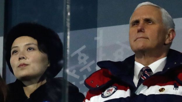 Вице-президент США Пенс (R) сидел рядом с сестрой Ким Чен Юна Кимом Йо-чонгом (L) на церемонии открытия
