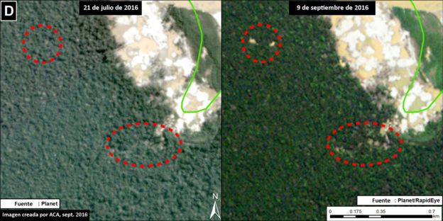 Imagen satelital de la deforestación en la Reserva Nacional de Tambopata, en Madre de Dios, Perú.