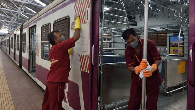 Trains being cleaned in Mumbai