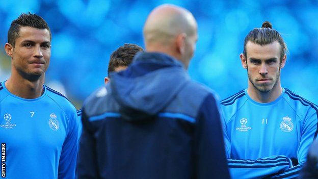 Cristiano Ronaldo and Gareth Bale listen to Real manager Zinedine Zidane