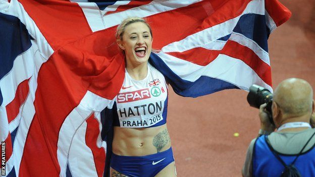Lucy Hatton celebrates winning her heat in the Women's 100m hurdle