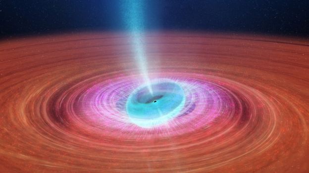 Ilustración del agujero negro V404 lanzando chorros de plasma