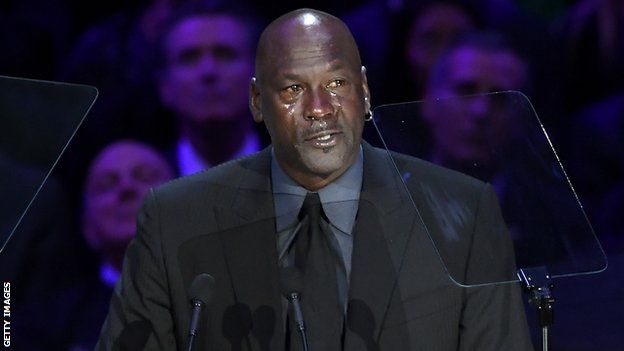 A tearful Michael Jordan delivers a speech at the memorial for Kobe and Gianna Bryant