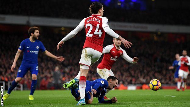 Hector Bellerin was adjudged to have fouled on Eden Hazard