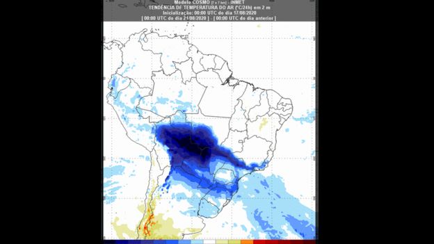 Mapa do Brasil com massas de ar destacadas por diferentes cores (de azul a vermelho) pelo país, de acordo com temperatura prevista para os próximos dias