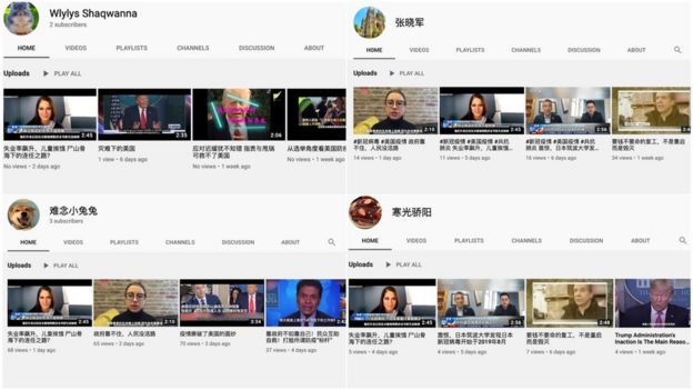 Screenshots from YouTube. Many of the YouTube channels uploaded the same videos about the US government's response to Covid-19