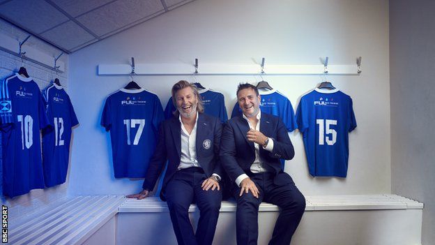 Robbie Savage and Rob Smethurst in the Macclesfield FC dressing room.