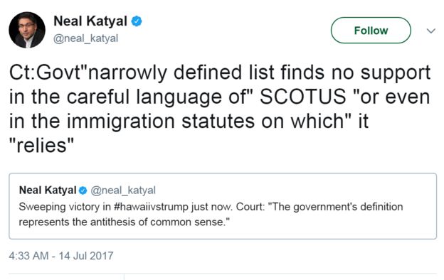 Tweet from @neal_katyal: Sweeping victory in #hawaiivstrump just now. Court: 