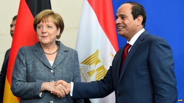 German Chancellor Angela Merkel and Egyptian President Abdel Fattah al-Sisi shake hands after a news conference in Berlin - 3 June 2015