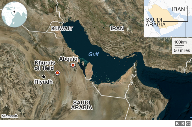 A map showing Saudi oil strikes