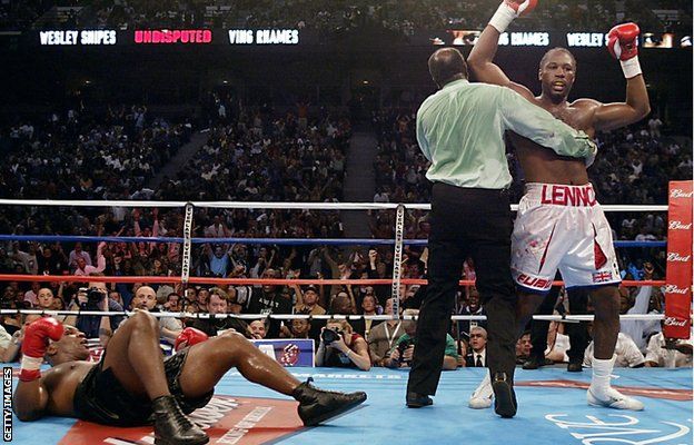 Lennox Lewis knocking out former champion Mike Tyson in his penultimate fight in 2002