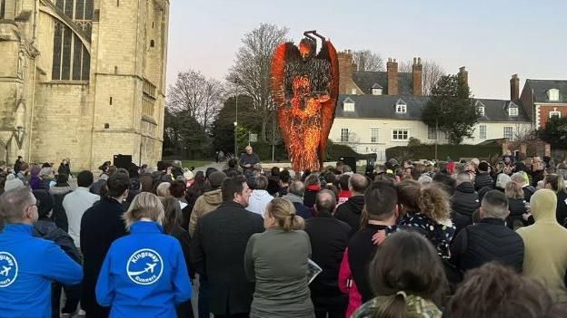Knife angel visiting Gloucester Cathedral